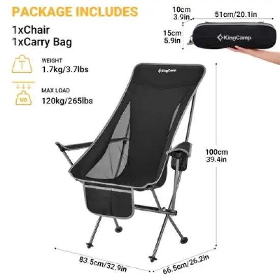 KingCamp Lightweight Padded Highback Folding Lounge Chair with Cupholder, Side Storage Pocket, and Carry Bag for Indoor or Outdoors, Black/Grey image {3}