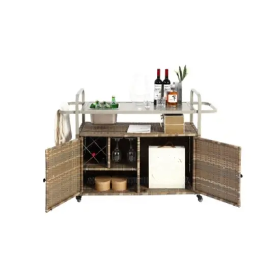 DSVIMOY Outdoor Bar Cart with Cabinet, Patio Serving Cart with 1 Ice Bucket, Lockable Wheels, Side Basket, Beige, 51.57"*19.69"*35.83" image {3}