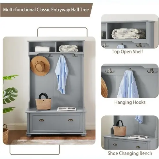 Acekool Gray Metal Hall Tree with Bench, Entryway Coat Rack Hooks & Open Storage Shelves, Compact Organizer for Entry image {3}