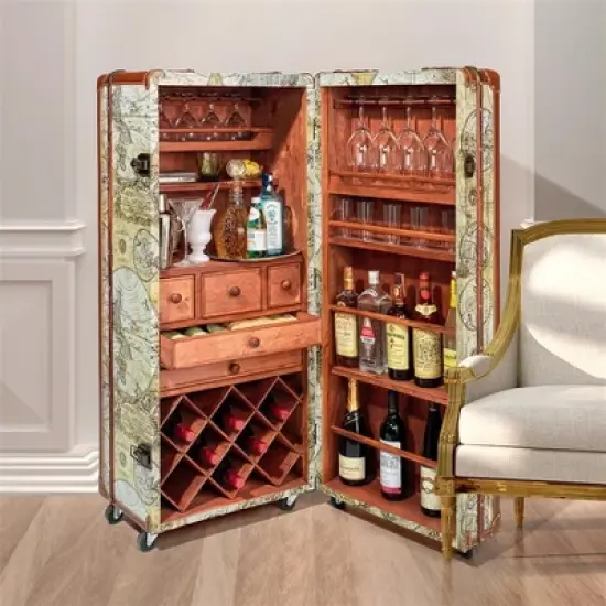 Design Toscano Italian-Style World Map Cocktail Bar Steamer Trunk image {1}