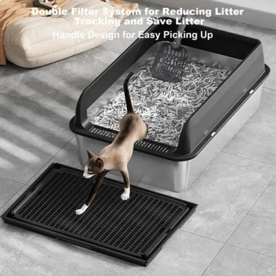 Large Stainless Steel Litter Box with Lid, Litter Box with Sifter Scoop and Double Layer Litter Mat, 6" Deep Metal Cat Litter Box image {2}