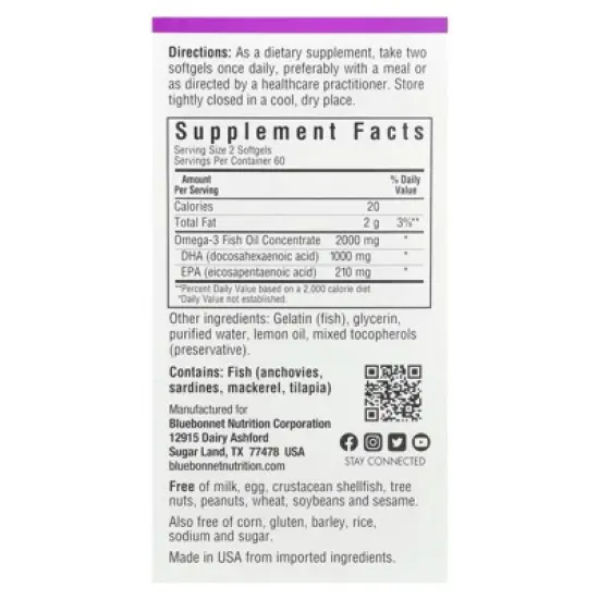 Bluebonnet Nutrition Omega-3 Fish Oil, Lemon, 120 Softgels image {1}