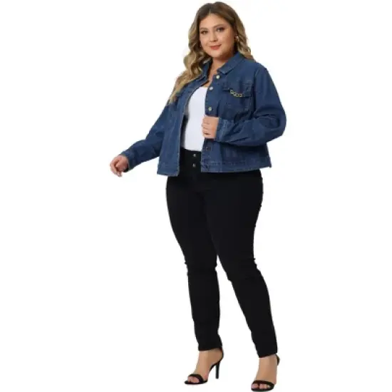 Agnes Orinda Women's Plus Size Button Up Long Sleeve Croped Denim Jean Jackets image {2}