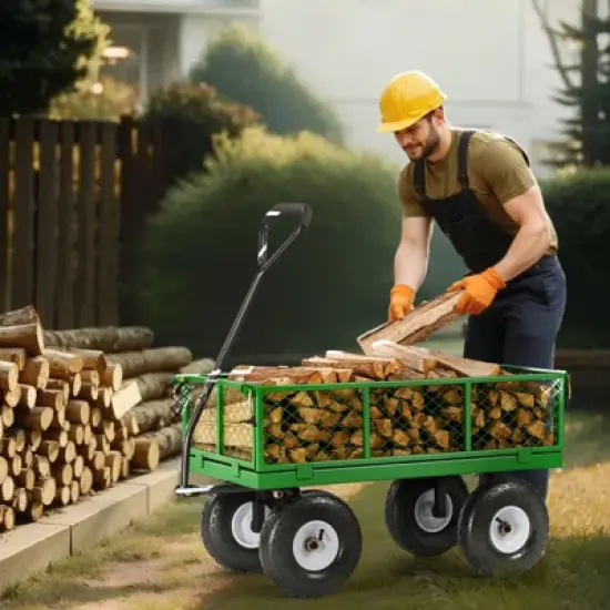 VEVOR 680 Lbs Steel Garden Cart on Wheels, Heavy Duty Garden Wagon Cart Pullable, Metal Outdoor Utility Yard Wagon Carts, Green image {1}