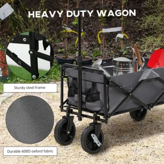 Outsunny Collapsible Wagon, Graden Carts with Wheels, Adjustable Handle, Folding Table and Cup Holders, Dark Gray image {4}