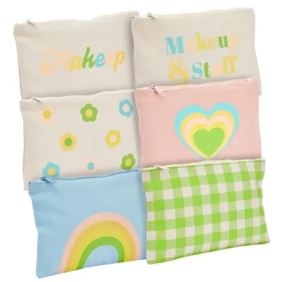 12 Pack Rainbow Pastel Canvas Makeup Bags for Women with Zipper, 4 Colors and 6 Designs (8 x 6 In) image {8}
