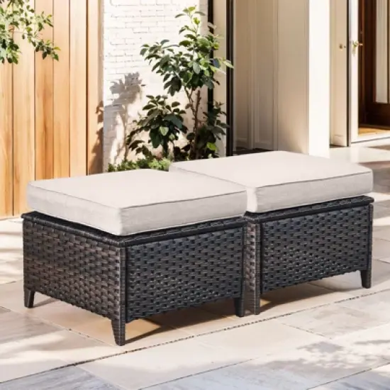 Buenhomino Patio Wicker Ottomans Set of 2, Multipurpose Outdoor Ottomans for Patio, Additional Seating, Footrest, Side Table, Removable Cushions image {8}