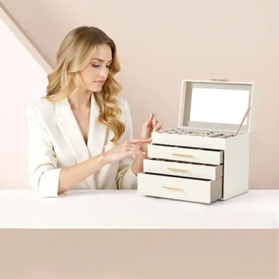 Gulches Deluxe 2-Drawer Jewelry Box with Clear Top View &uml;C White & Pink Velvet Storage Case image {3}