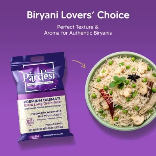 Pardesi Basmati Rice 10LB, Extra Long Grain - Premium Quality, Aromatic Flavor, Soft Texture, Perfect Cooking Choice Perfect for all cuisines. image {7}