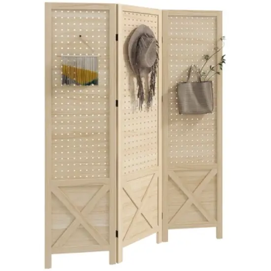 3 Panel Pegboard Display Room Divider,4.7" Tall Wood Indoor Portable Folding Privacy Screen,Partition Wall Divider-The Pop Home image {10}