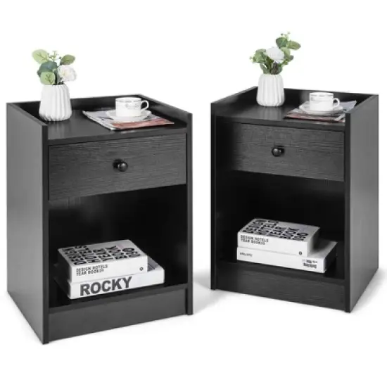 Costway Set of 2 Nightstand with Drawer Cabinet End Side Table Raised Top image {11}