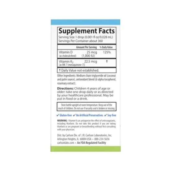 Carlson - Kid's Super Daily D3+K2, 25 mcg (1000 IU) & 22.5 mcg, Liquid Vitamins D & K, Vegetarian, Unflavored image {3}
