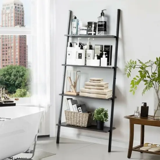 Costway Industrial Ladder Shelf 4-Tier Leaning Wall Bookcase Plant Stand Rustic Black/Brown image {4}