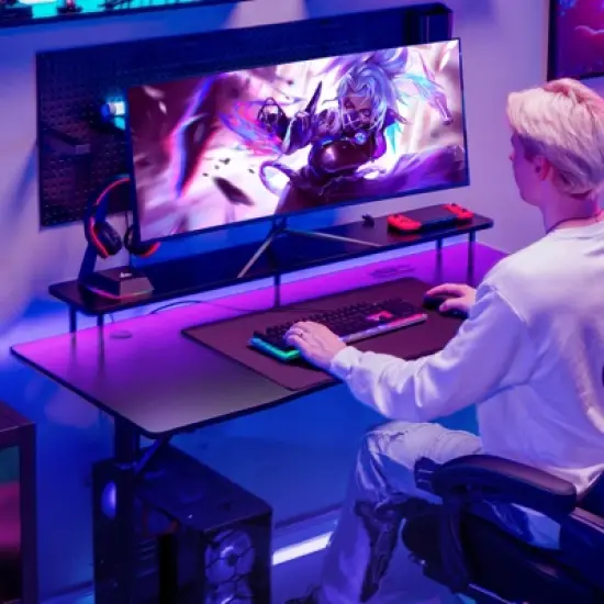 GTRACING 55 Inch Gaming Desk with LED Lights & Power Outlet, Computer Gamer Desk with Monitor Stand, Headphone Hook & Mouse Pad image {5}