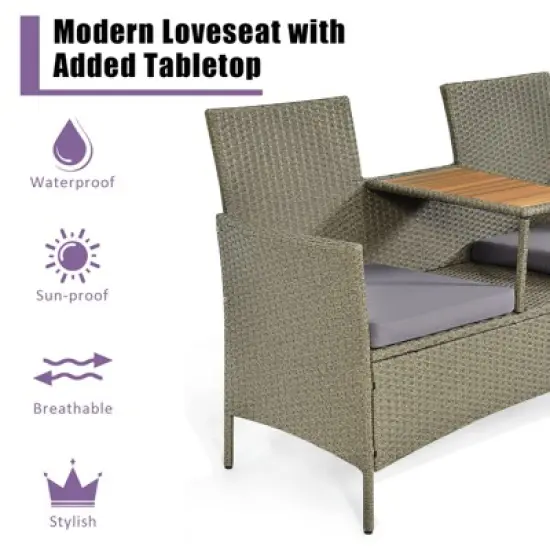 Tangkula Outdoor Patio Rattan Loveseat Sofa Double Conversation Set w/Cushion & Built-in Table image {5}