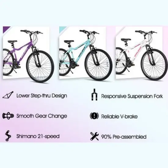 BAMCBASE Lilac 26 Inch Mountain Bike for Women Men, 21 Speed Steel Frame Adult Bicycle, MTB Bikes with Suspension Fork image {3}