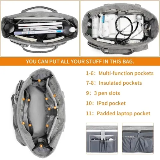Laptop Tote Bag, Middle Size Computer Messenger Teacher Bag with 15 Padded Laptop Sleeve Grey image {5}