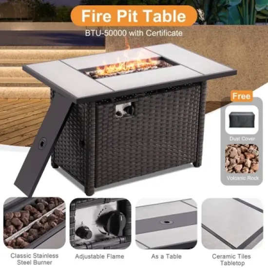 Ovios Orlando 7pc Brown Wicker Outdoor Patio Furniture Conversation Sofa Set with a Rectangle Fire Pit, Swivel Chairs and Cushions image {12}