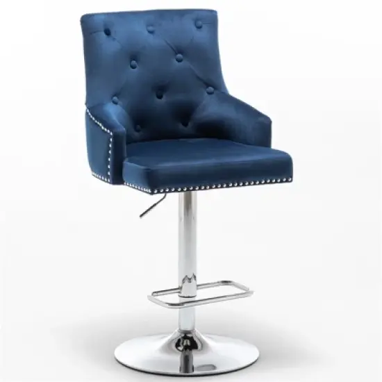 Better Home Products Monroe Velvet Tufted Adjustable Swivel Bar Stool Set Blue image {9}