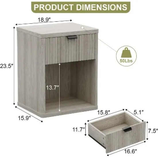 Vipbear Night Stand Scandinavian Nightstand with Fluted Drawer Storage End Table Modern Mid Century Wood Bedside Table for Bedroom Office-Gray/Brown image {2}