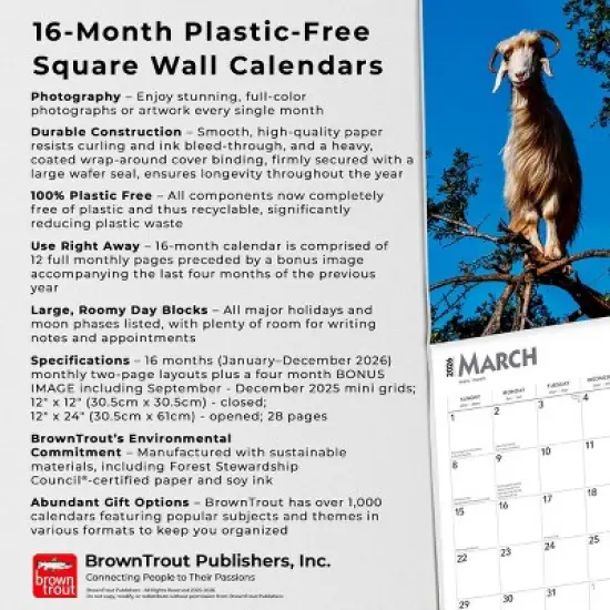 BrownTrout 2026 Goats in Trees 12"x24" Hanging Square Wall Calendar Plastic-Free image {5}