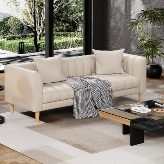 Faux Leather Sofa Couch, Modern 78" W Sofa with Deep Seats, 3 Seater Sofa Couch with 2 Throw Pillows and Wood Legs image {3}