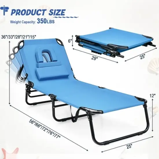 Costway Beach Chaise Lounge Chair with Face Hole Pillows & 5-Position Adjustable Backrest Blue image {2}