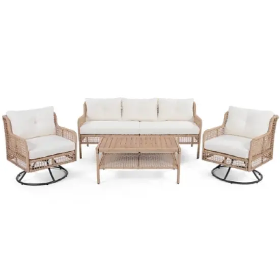 FIONECA 4-Piece Patio Furniture Set with Swivel Chairs, Outdoor Rattan Sofa Conversation Set for 5 People with Cushions & Coffee Table, Beige image {7}