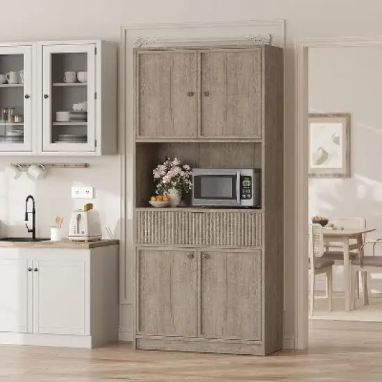70" Fluted Pantry Cabinet - Storage w/ Countertop, Doors & Drawer for Kitchen & Dining Room image {11}