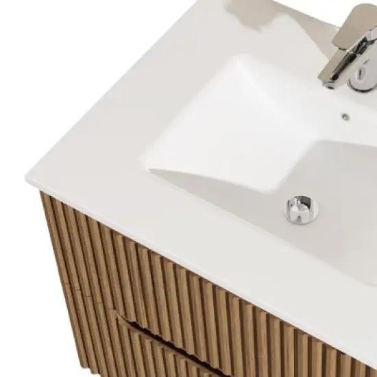 Wooakway 24" Walnut Floating Wall Mount Bathroom Vanity with White Sink image {6}