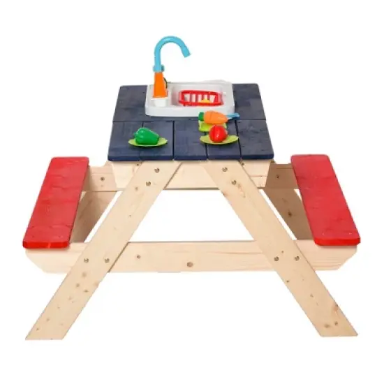 Outsunny Kids Picnic Table and Bench Set with Sandbox, Outdoor Sand & Water Table with Kitchen Toys, Water Circulation Faucet, Vegetable Accessories image {7}
