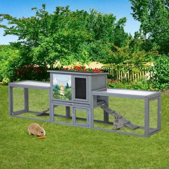 Sandinrayli Large Rabbit Hutch Outdoor Indoor, 94.5" L 2-Level Wooden Pet House with Removable Tray & Multiple Entrances, Grey image {6}