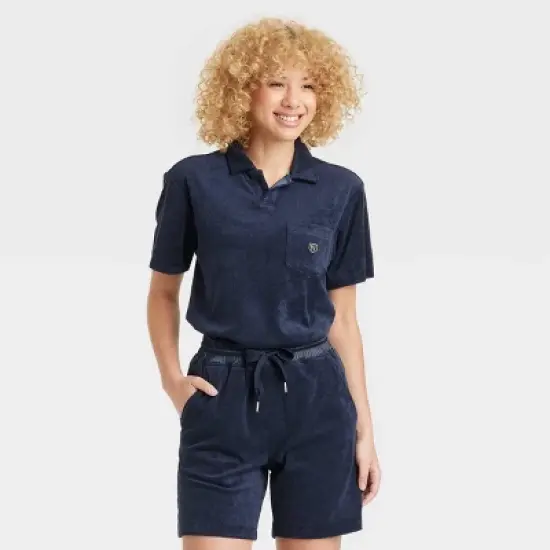 Houston White Adult Johnny Color Terry Short Sleeve Collared Polo Shirt - Navy Blue image {4}