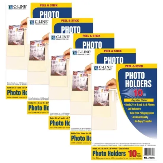C-Line&reg; Peel & Stick Photo Holders, Clear, 4" x 6", 10 Per Pack, 5 Packs image {4}