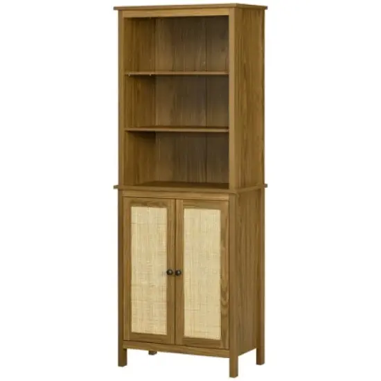 HOMCOM Rustic Bookshelf with Cabinet & Rattan, Tall Bookshelf Library, Wooden Bookcase with Doors and Shelves, Study Living Room Home Office, Walnut image {3}