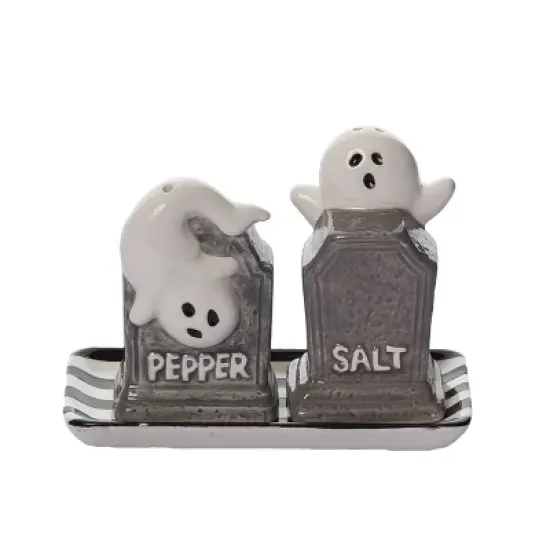 Transpac Dolomite Haunted Tombstone Salt and Pepper Shaker Set with Plate for Halloween Decor, Set of 3 Spooky Shakers image {5}
