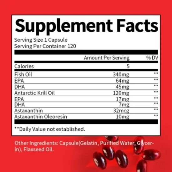 Mulittea Fish Oil + Krill Oil with EPA, DHA & Astaxanthin Supports Joint, Skin, Brain & Eye Health - 120 CT image {1}