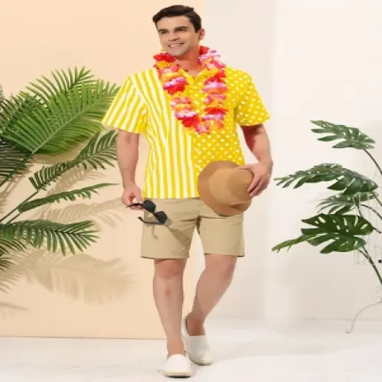 Lars Amadeus Men's Summer Stripe Polka Dots Short Sleeves Button Patchwork Hawaiian Shirt image {2}