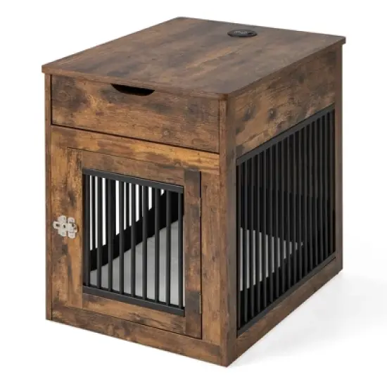 Costway 2-In-1 Furniture Dog Crate with Drawer Wired & Wireless Charging Side End Table Black/White/Rustic Brown image {9}