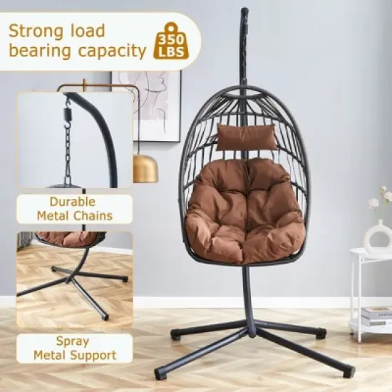 Sapphtopaz Porch Swing Egg Hanging Chair Wicker Woven Swing Hanging Hammock Chair with Cushions and Stand for Indoor, Garden, Terrace, Backyard image {4}