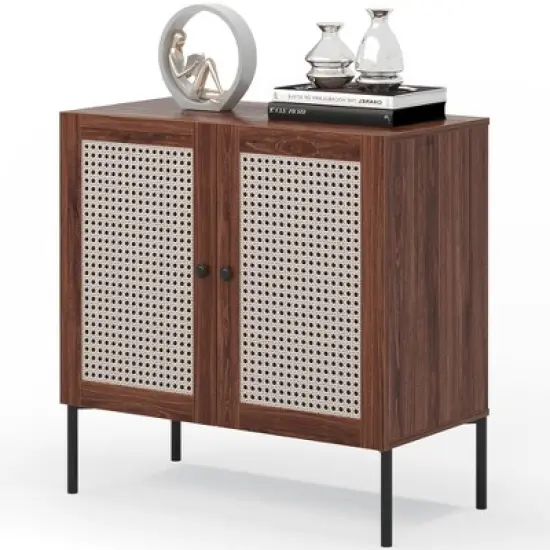 Costway Rattan Buffet Sideboard Wine Cabinet Cupboard with Adjustable Shelf Oak/Walnut image {9}