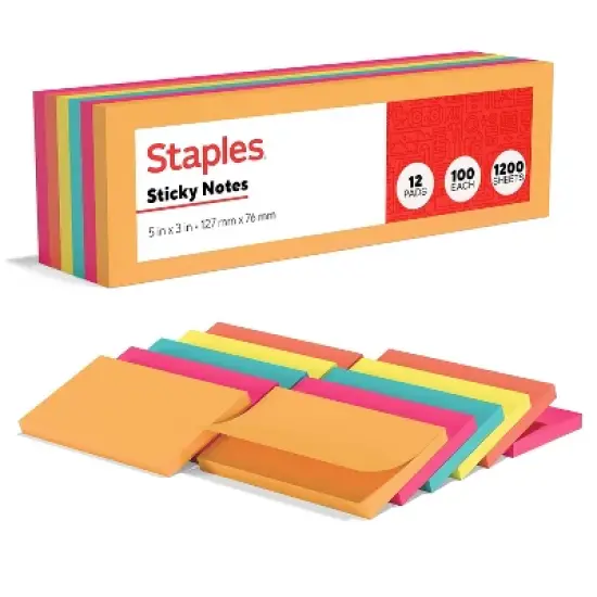Staples Stickies Standard Notes 3" x 5" Assorted 100 Sh/Pd 12 Pd/Pk S-35BR12 image {5}