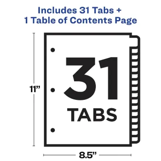 Avery 1-31 Dividers for 3 Ring Binders, 31 Tabs per Set, Customizable Table of Contents, Classic White Tabs (11128) image {3}