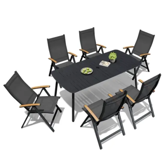 Crestlive Products 7pc Outdoor Dining set Patio Rectangle Table with Folding Chairs Aluminum Frame with Wood-Like Tabletop and Umbrella Hole image {14}