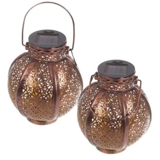 Set of 2 Solar Outdoor Lights - Hanging or Tabletop Rechargeable LED Lantern Set with 2 Shepherd Hooks for Outdoor Decor by Pure Garden (Bronze) image {7}