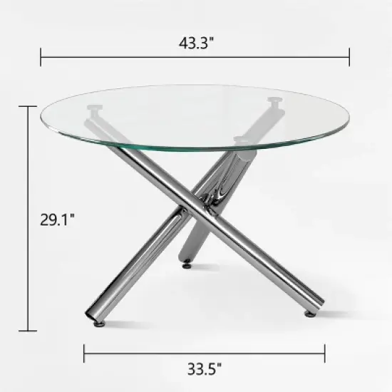 Eileen 43.3 inch Contemporary Round Dining Table With Clear Tempered Transparent Glass Tabletop and Pedestal Legs-The Pop Maison image {2}