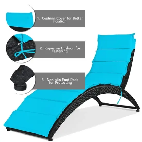 Costway 2PCS Folding Patio Rattan Lounge Chair Chaise Cushioned Portable Lawn Turquoise image {4}