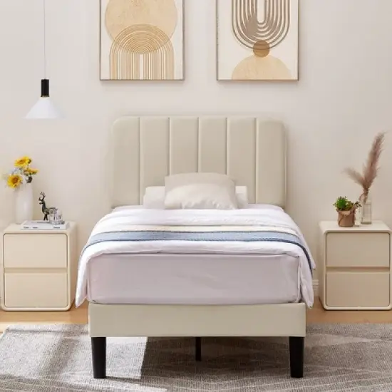 VECELO Velvet Upholstered Platform Bed Frame with Adjustable Headboard, Sturdy Wood Slat Support, No Box Spring Required image {5}