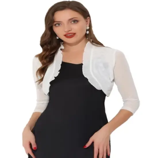Allegra K Women's Mesh 3/4 Sleeves Open Front Elegant Ruffle Crop Bolero Shrugs image {5}