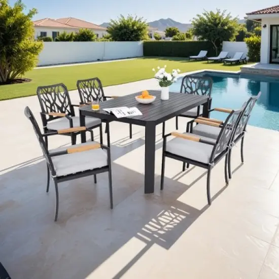 UNISOAR 7PC Outdoor Patio Dining Set with 6 Stationary Dining Chairs image {7}